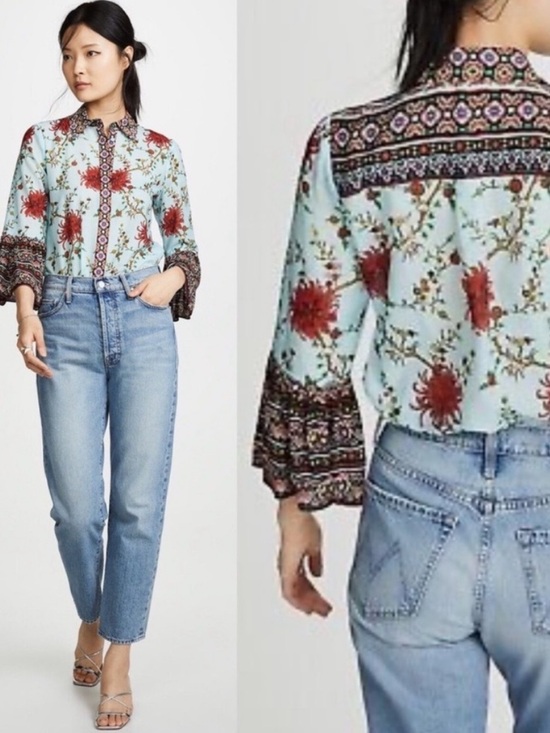 Alice + Olivia Tops - Alice + Olivia Rana Blue Floral Silk-Cotton Ruffle Sleeve Blouse XS